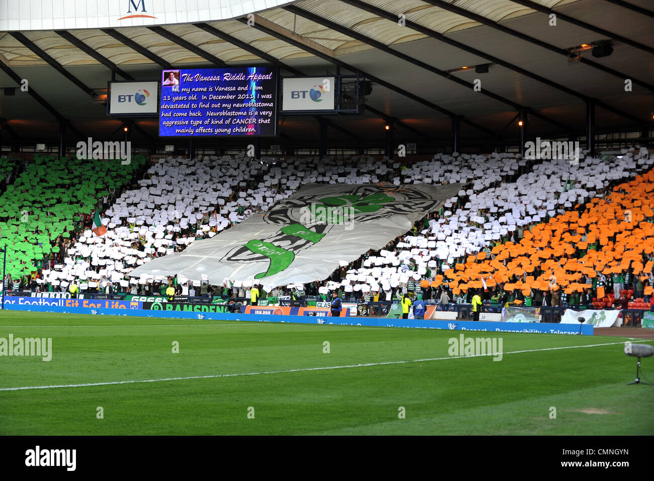 Celtic fans tifo display, with details of charity drive for the Vanessa Riddle appeal on the big screen, before League Cup Final Stock Photo