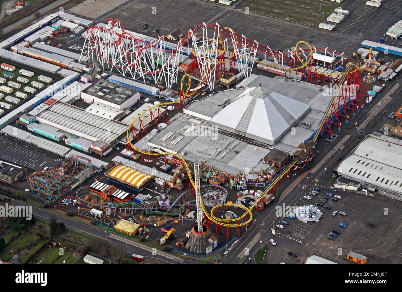 aerial view of a rollercoaster at a fun fair theme park in Skegness, Lincolnshire Stock Photo