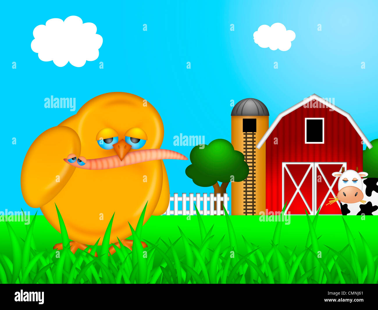 Chick Eating Worm on Farm with Red Barn and Silo with Cow Illustration Stock Photo