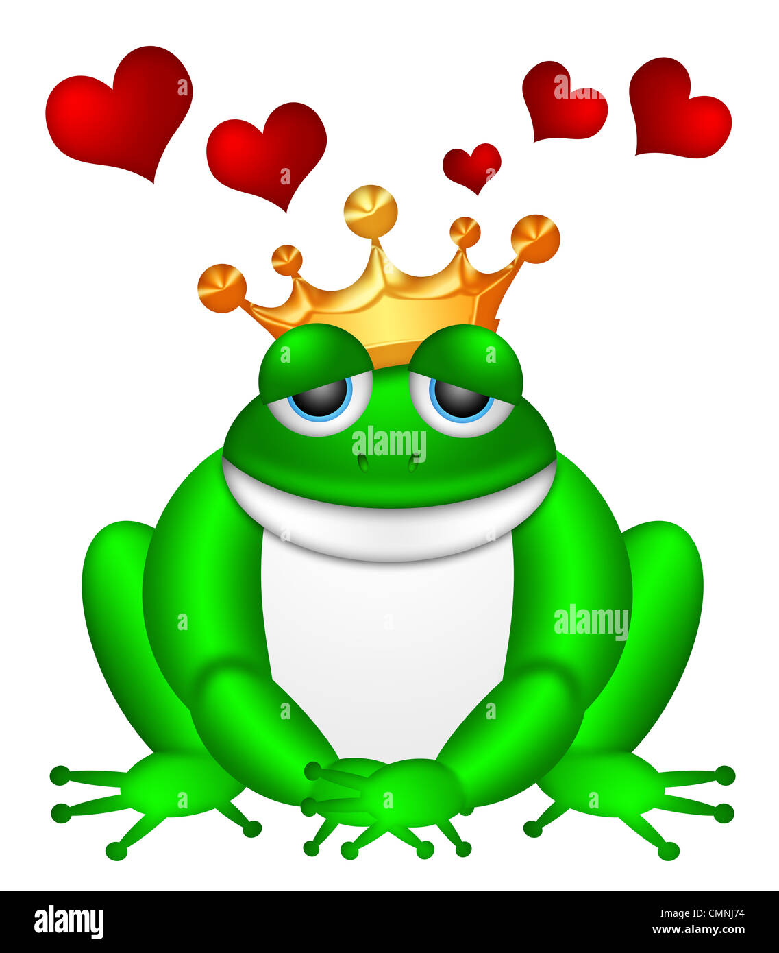 Cute Green Frog Prince with Crown Sitting Illustration Isolated on White Background with Flying Red Hearts Stock Photo