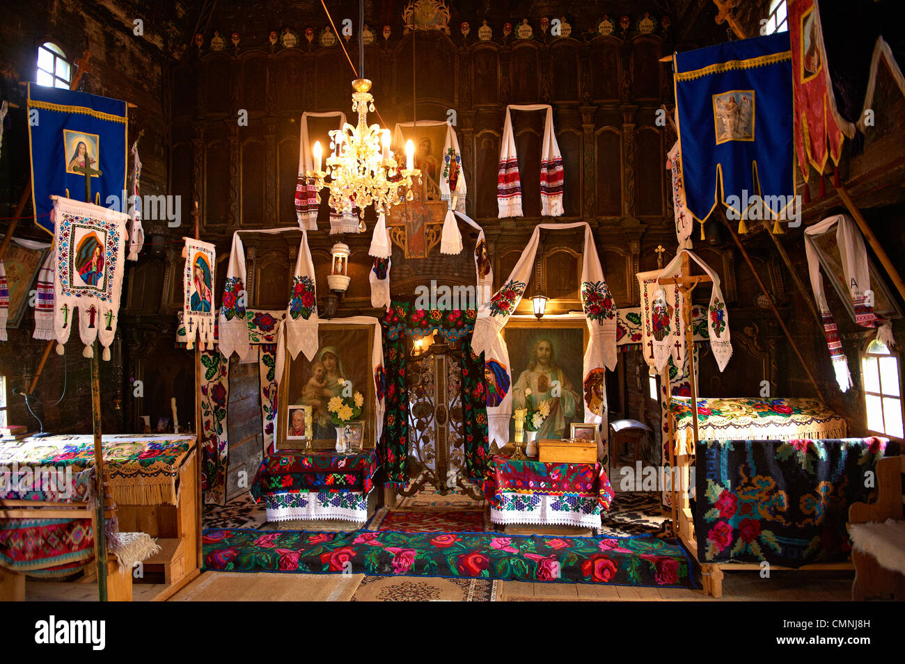 Interior of the Greco Catholic Wooden Church of Adormirea Maiccii Domnului, Maramures, Northern Transylvania, Stock Photo