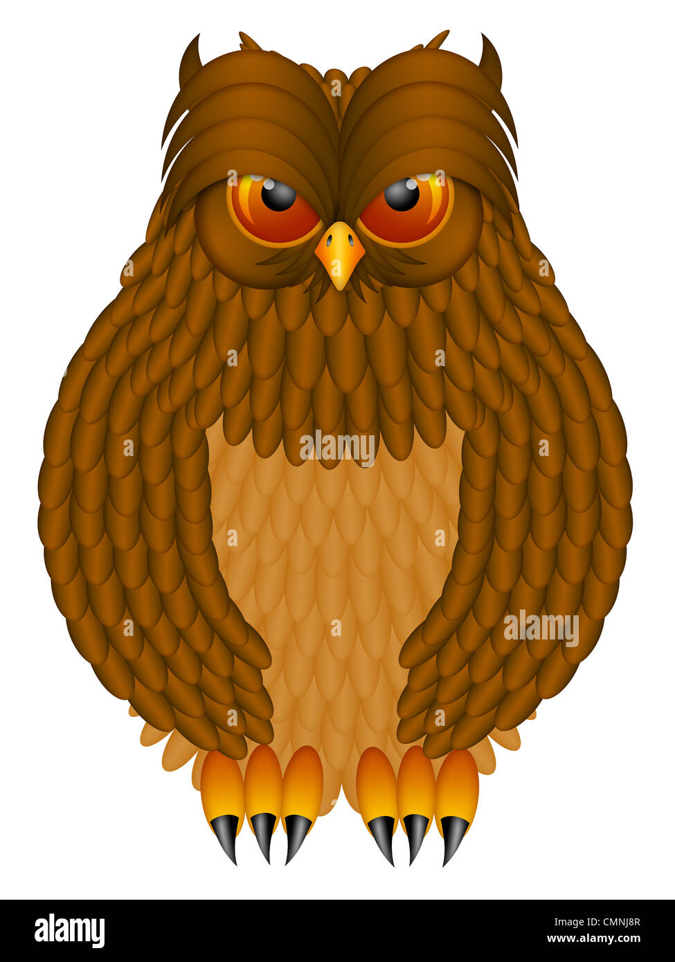 Brown Horned Owl with Feathers and Claws Illustration Isolated on White Background Stock Photo