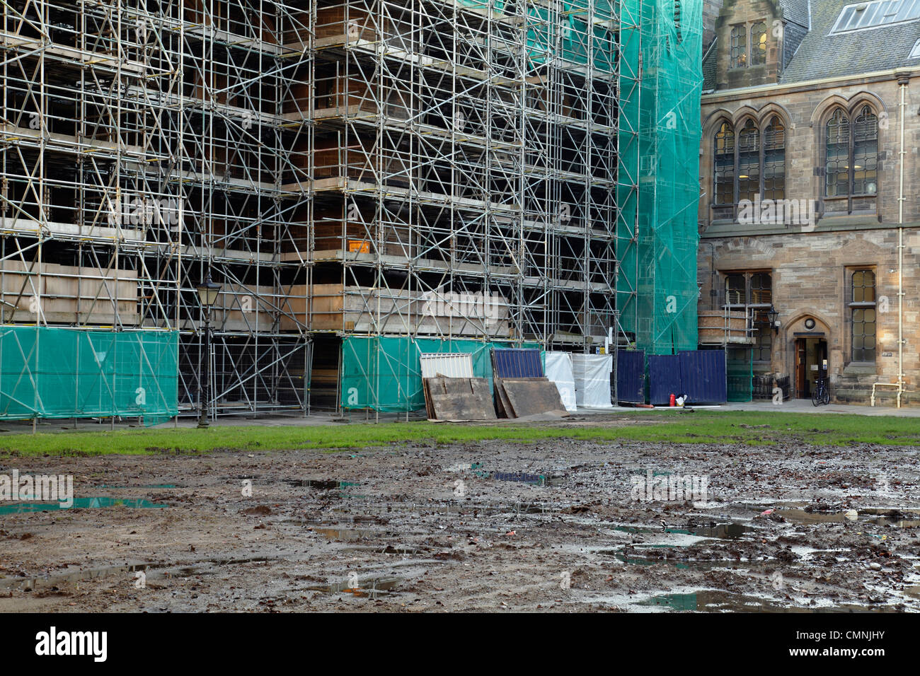 Scaffolding erected in a quadrangle for repair work being carried out on the University of Glasgow main building, Gilmorehill, Scotland, UK Stock Photo