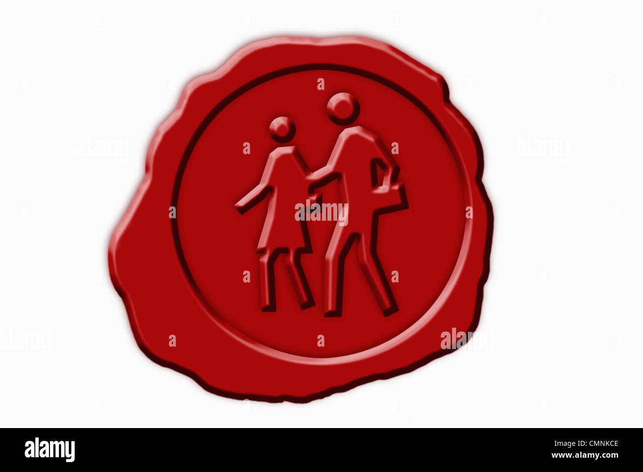 Detail photo of a red seal with a pedestrians Symbol in the middle, background white. Stock Photo