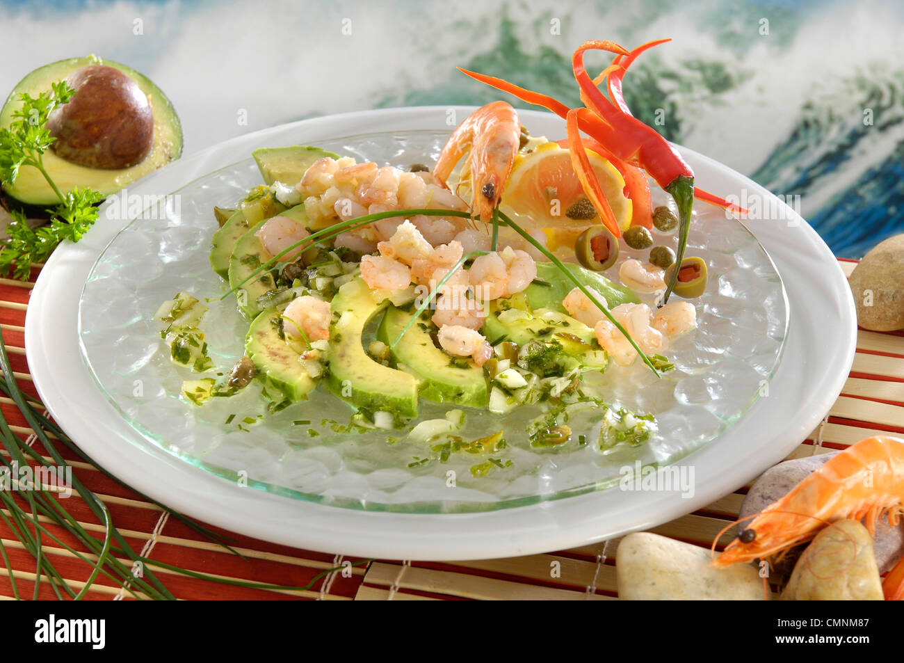 Delicious and healthy avocado salad with crab. The photo was taken in photo studio. Stock Photo