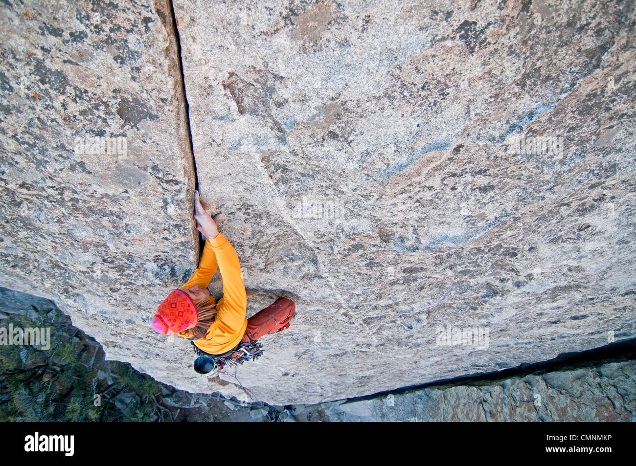 Nic Houser rock climbing a route called Bloody Fingers on Super Hits Wall at the City Of Rocks National Reserve in Idaho Stock Photo