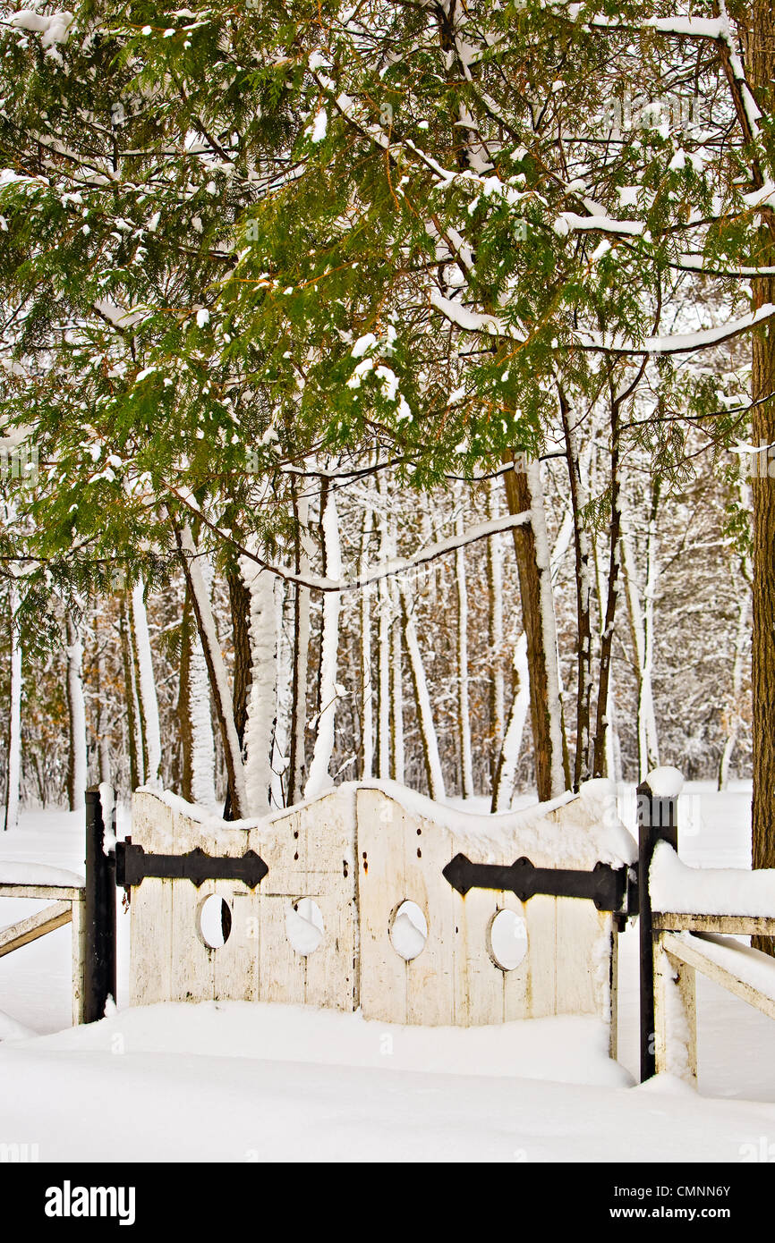 Gate to the English Gardens in winter, Assiniboine Park, Winnipeg, Manitoba Stock Photo