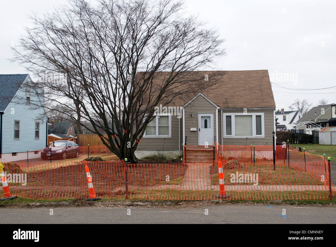 Hamden Connecticut neighborhood during soil remediation process. Soil was contaminated during the mid-10th century by industry. Major contaminates include Lead and Arsenic. Soil remediation is processes used to purify and revitalize the soil. Stock Photo