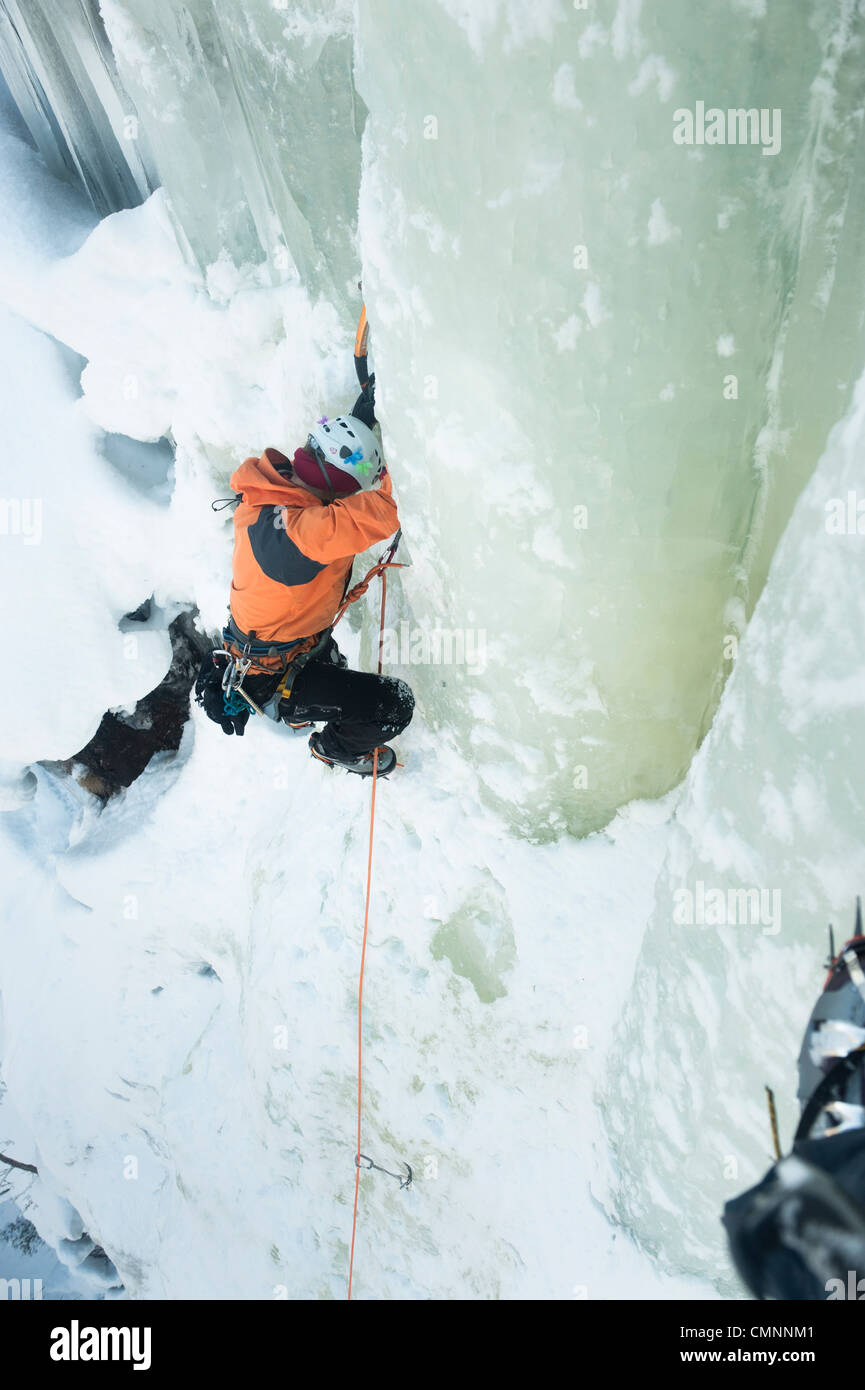 ICe climber lead climbing in Korouoma, Finnish Lapland Stock Photo Alamy