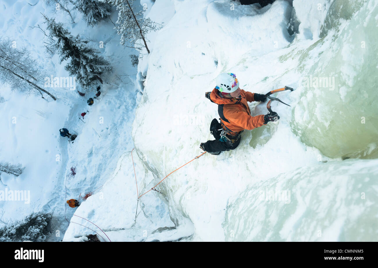 ICe climber lead climbing in Korouoma, Finnish Lapland Stock Photo Alamy
