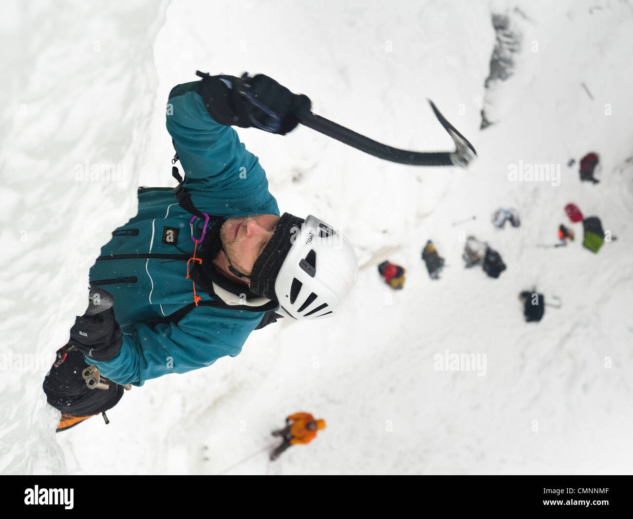 ICe climber lead climbing in Korouoma, Finnish Lapland Stock Photo Alamy