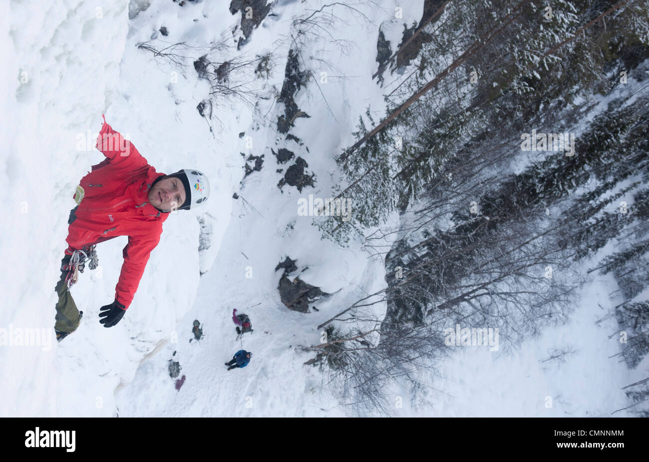 ICe climber lead climbing in Korouoma, Finnish Lapland Stock Photo Alamy