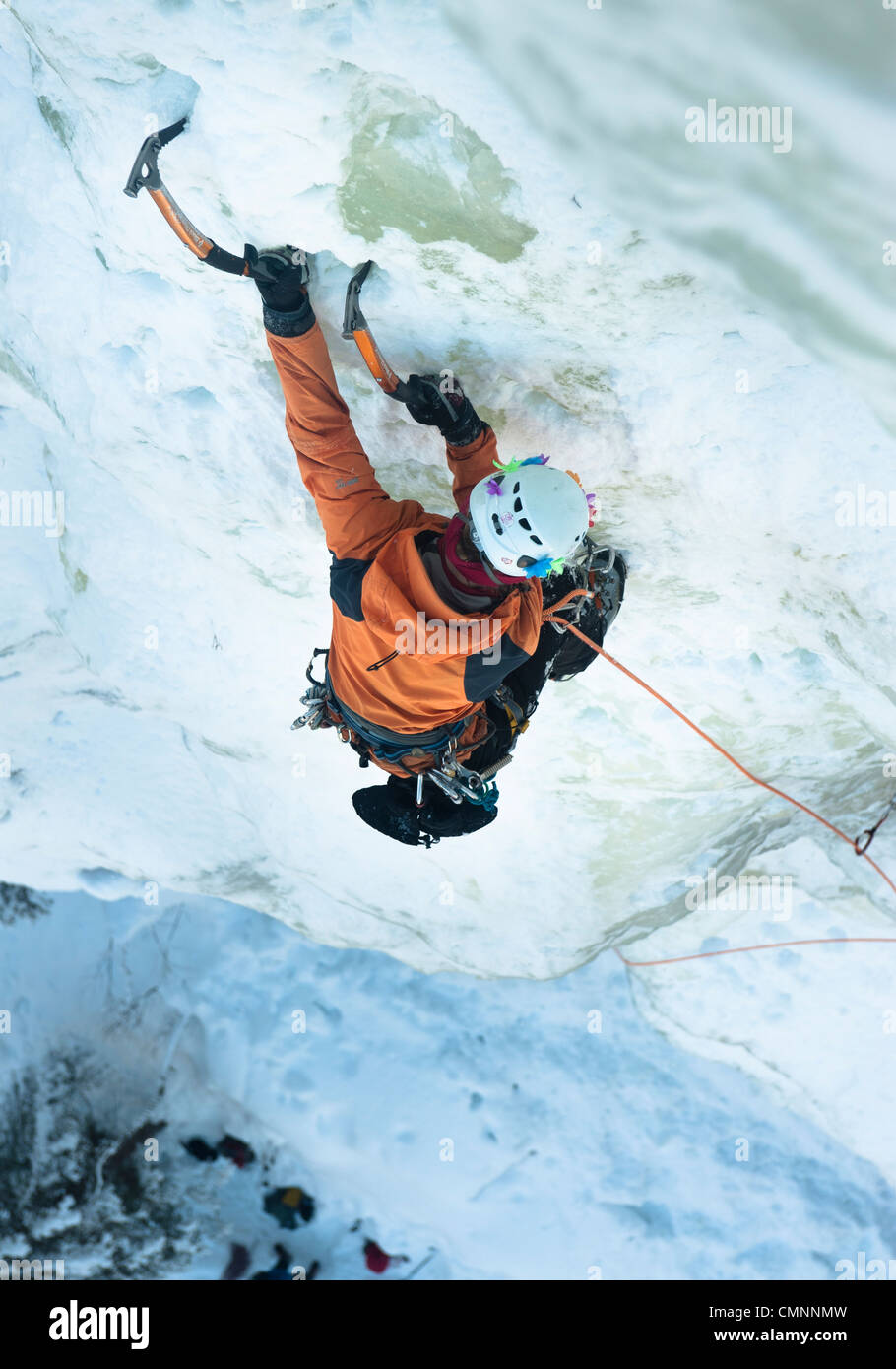 ICe climber lead climbing in Korouoma, Finnish Lapland Stock Photo Alamy
