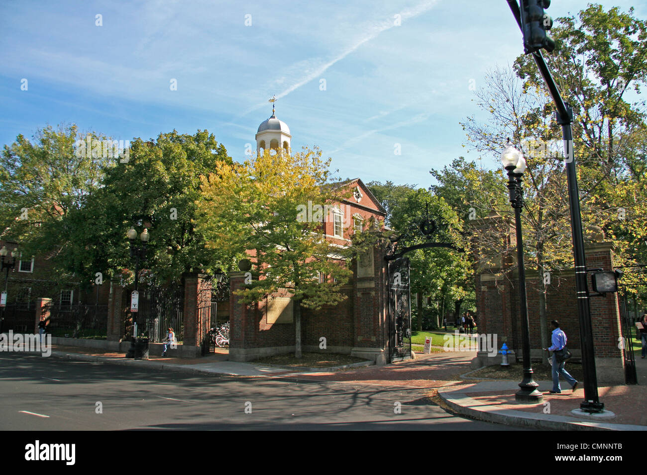 Johnston Gate entrance to Harvard University campus with Harvard Hall on the left, Cambridge