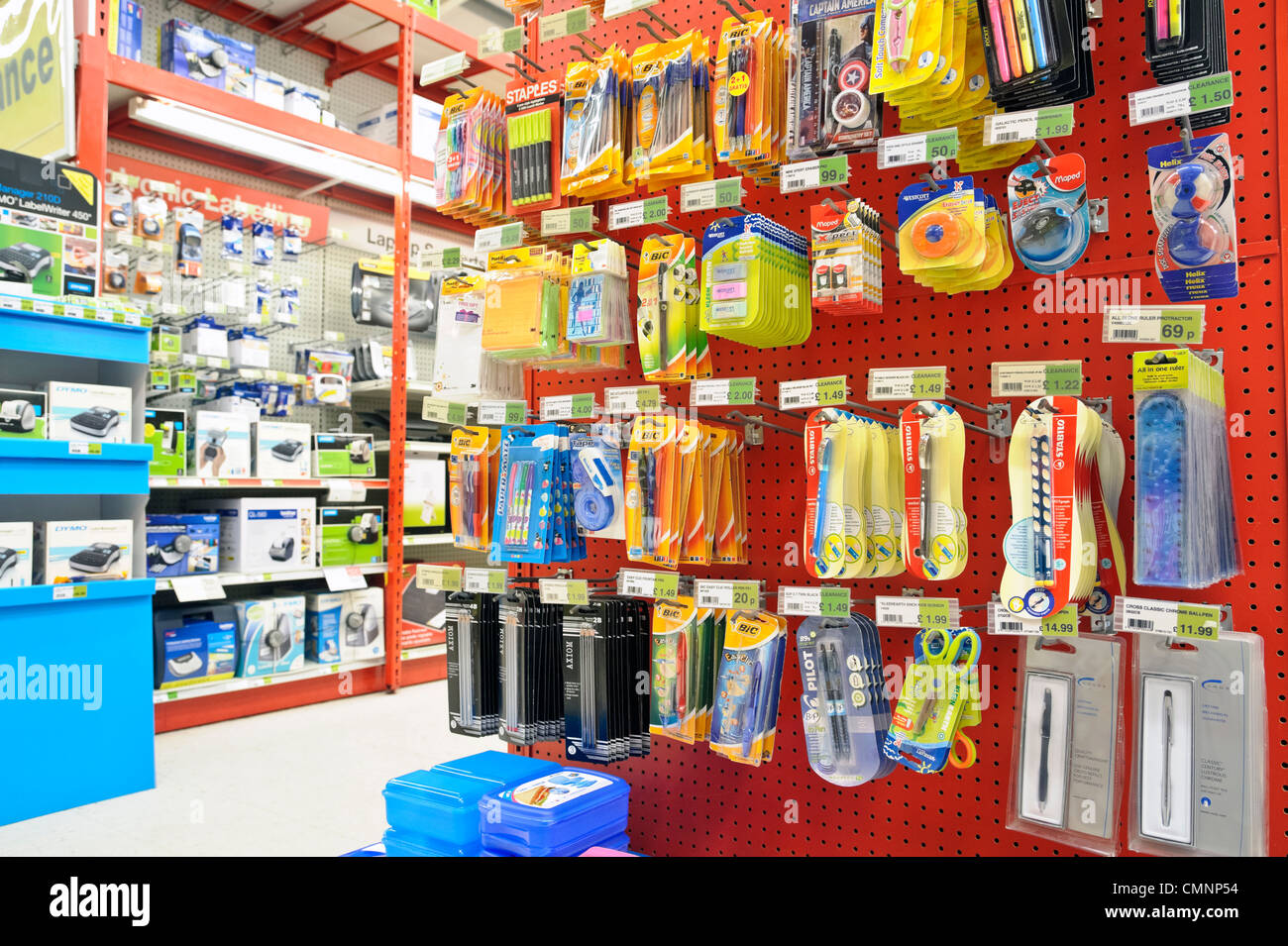 Pens, stationery & office supplies for sale inside a Staples shop in Kidderminster, UK. Stock Photo