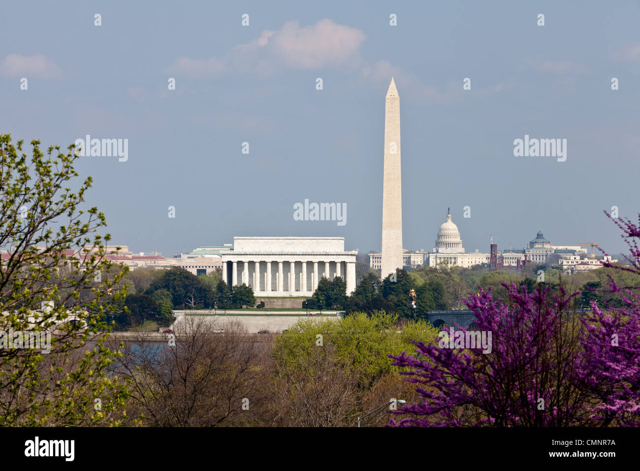 Washington DC skyline with Lincoln Memorial, Washington Monument and the Capitol in the spring with blooming redbuds Stock Photo