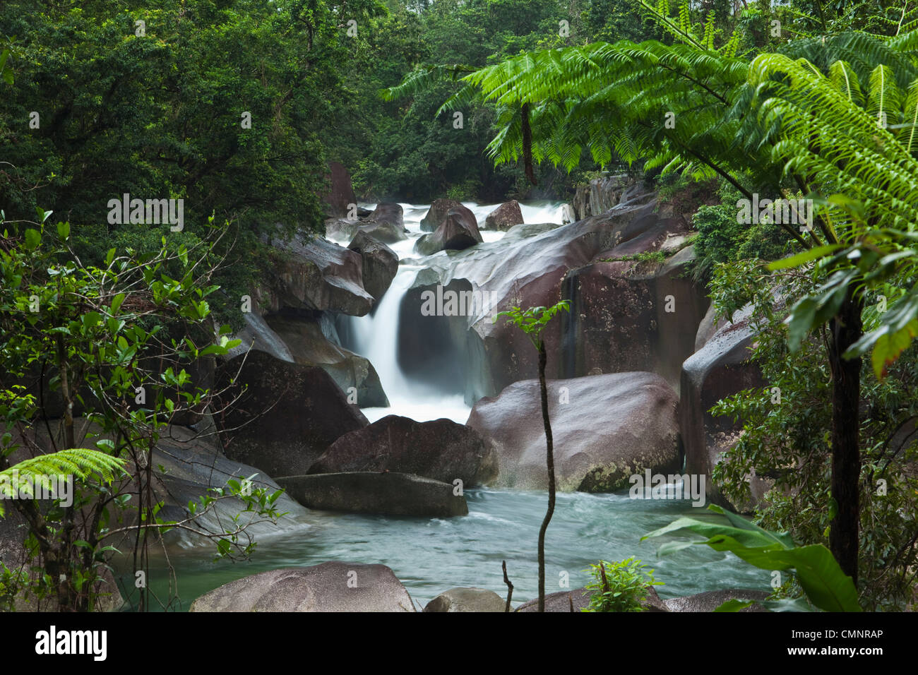 View through rainforest to Devil's Pool at Babinda Boulders. Babinda, Queensland, Australia Stock Photo