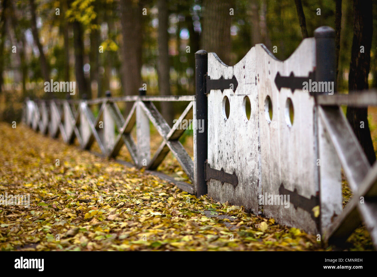 Autumn leaves and gate of The English Gardens, Assiniboine Park, Manitoba Stock Photo