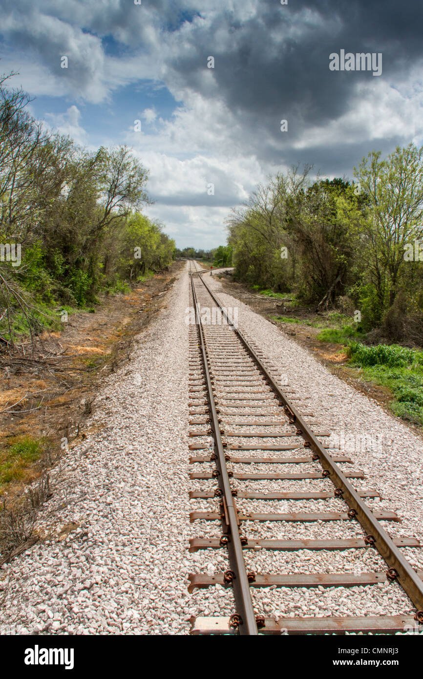 Train tracks in Central Texas, between Austin and Burnet, used by Austin and Texas Central Railroad. Stock Photo