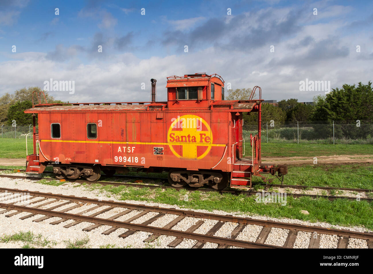Vintage Caboose railroad car at Austin and Texas Central Railroad Depot in Austin, Texas. Stock Photo