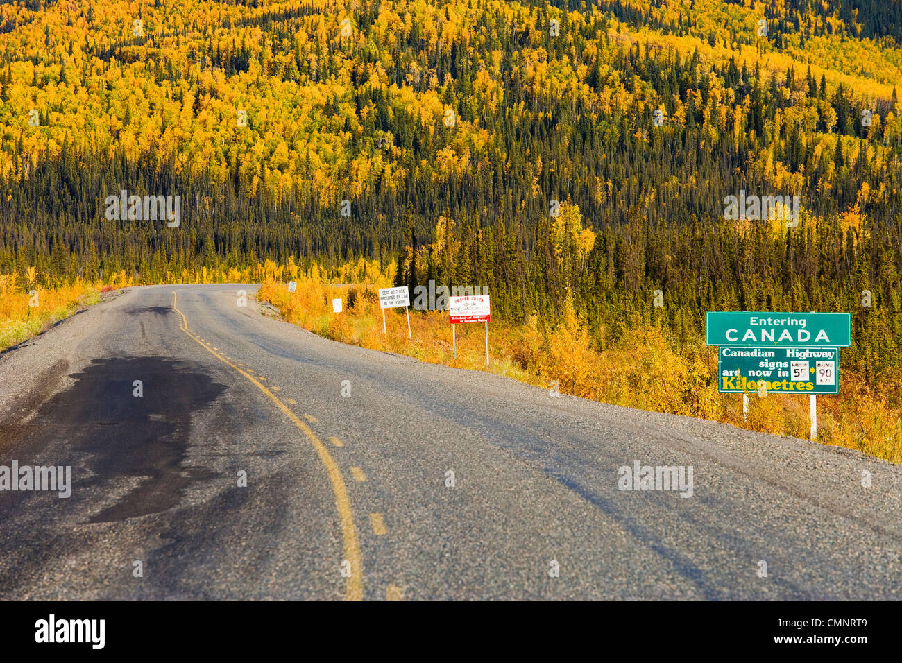 Entering Canada on Alaska Highway near Beaver Creek and fall colours