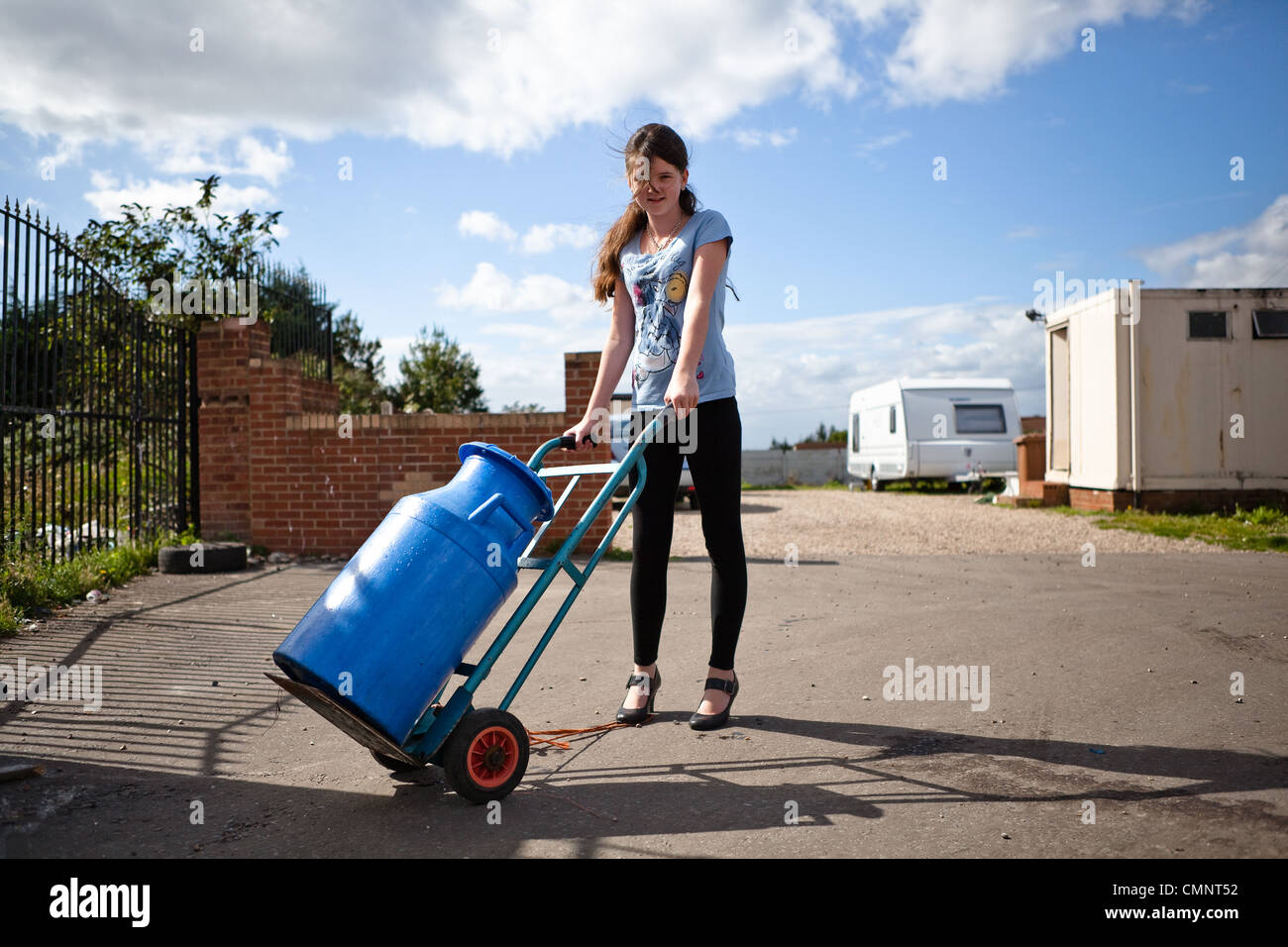 Young traveler girl at Dale farm in Essex. Stock Photo