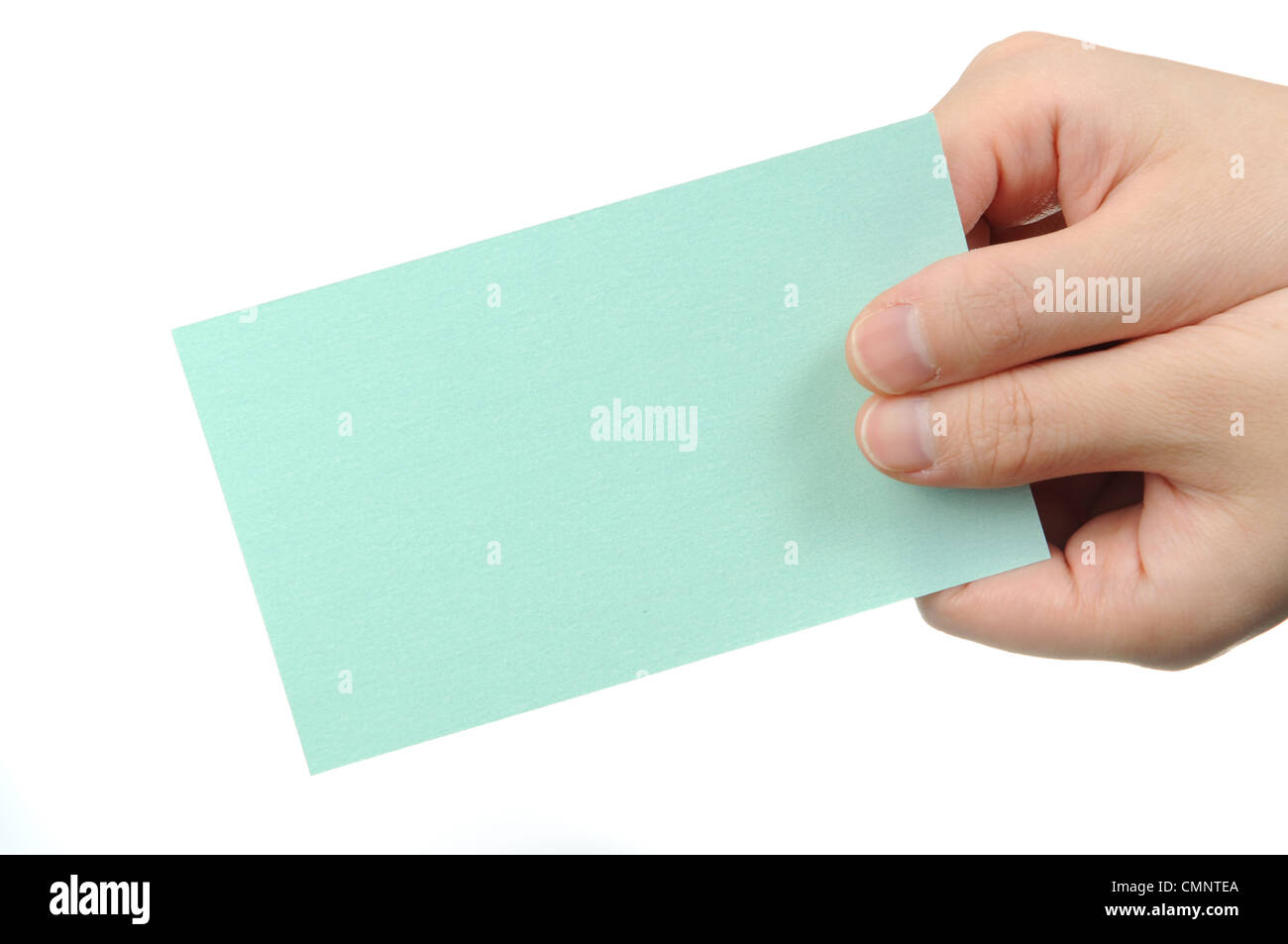 Empty light green business card in a woman's hand Stock Photo