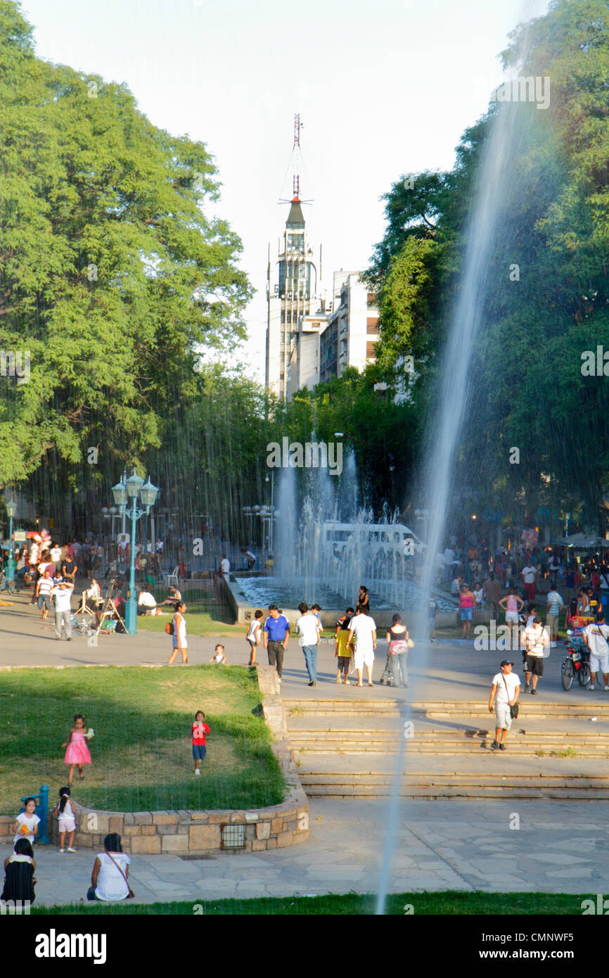 Mendoza Argentina,Plaza Independencia,public park,fountain,green space,crowd,crowded,water jet,public fountain,circular,circle,trees,vegetation,leisur Stock Photo