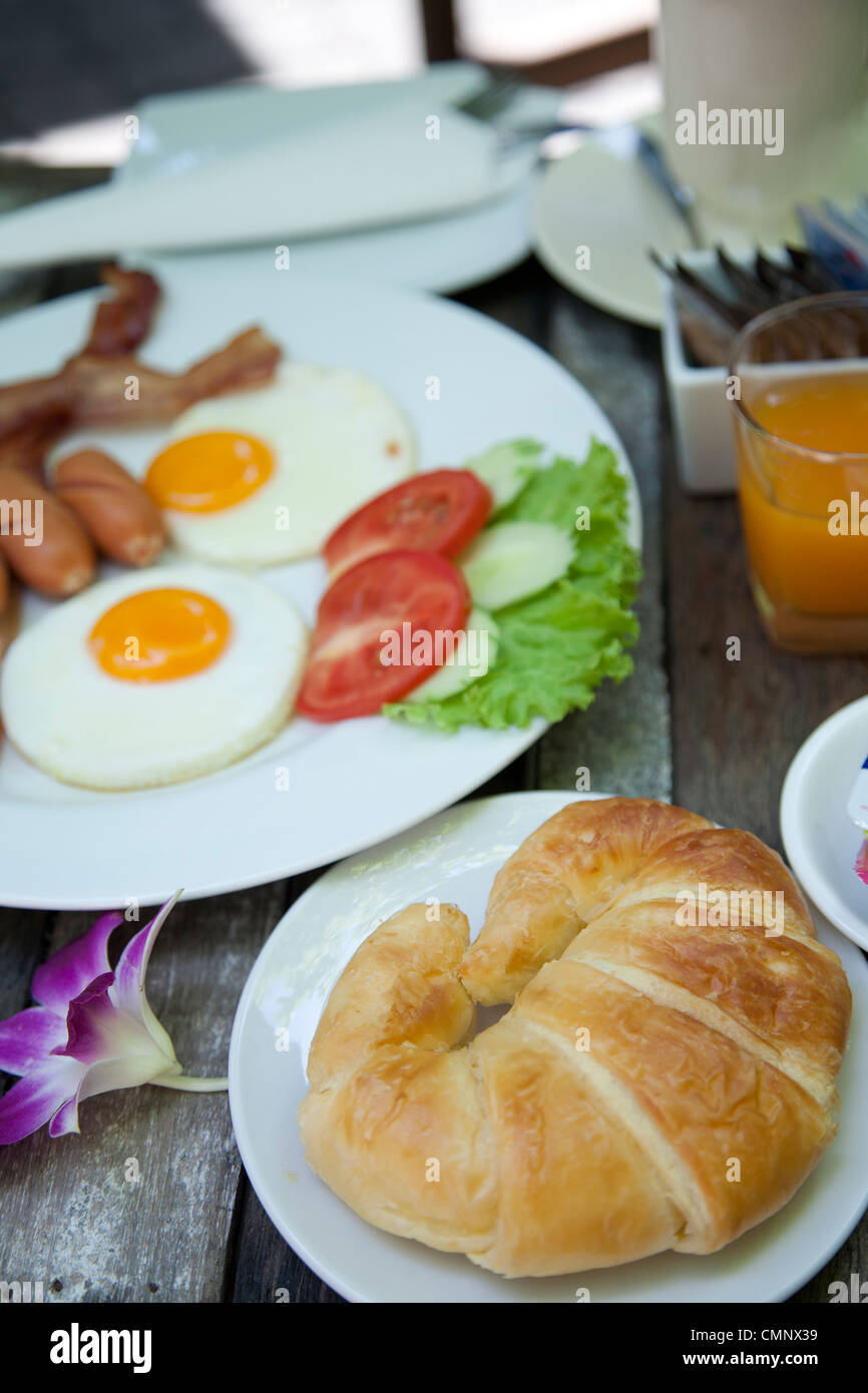 American breakfast on wooden table Stock Photo