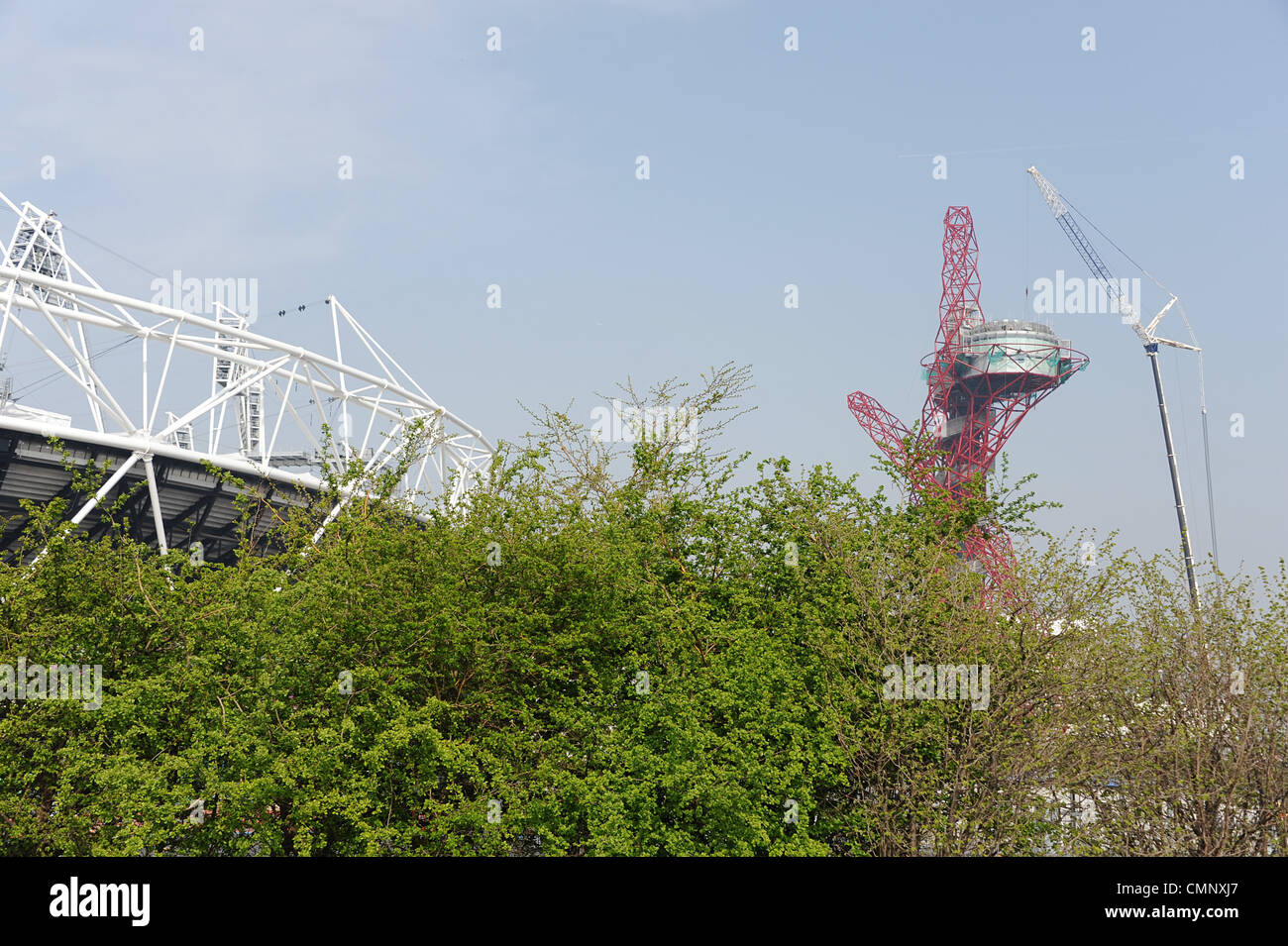 View of Olympic Stadium with ArcelorMittal Orbit Tower in the background. Stock Photo