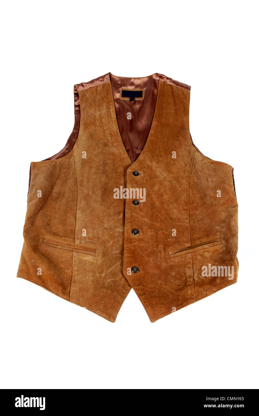 A tan suede man's waistcoat on a white background Stock Photo