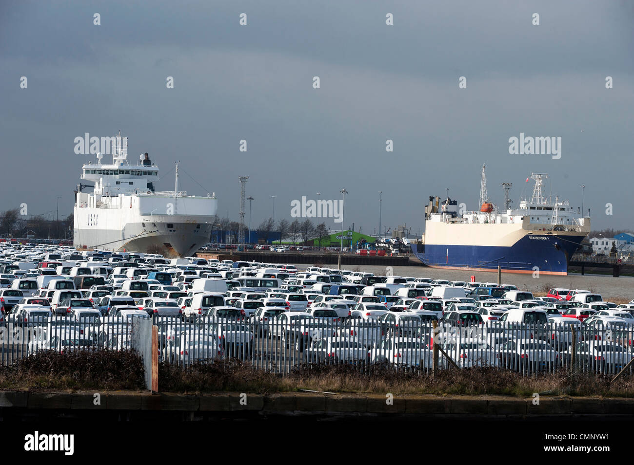Cars parked at Grimsby Docks which have been imported and exported by