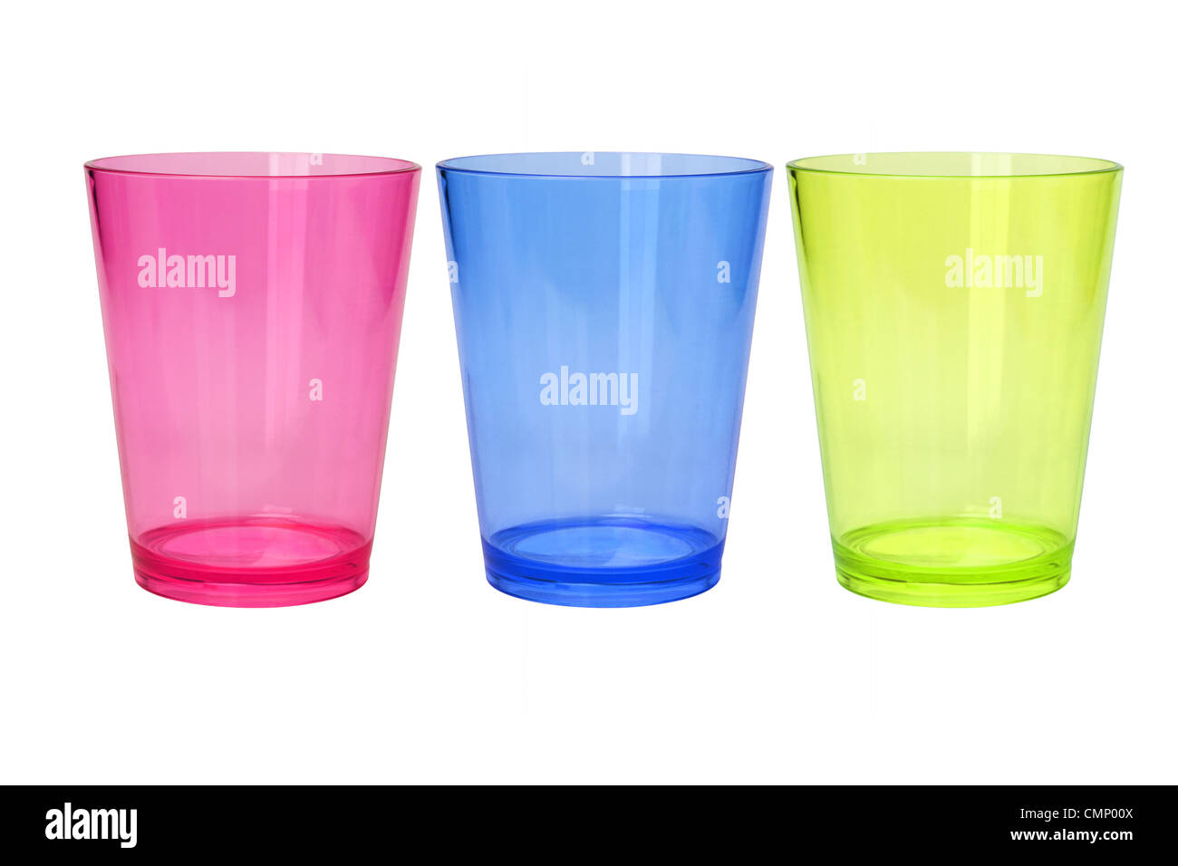 Colorful Empty Plastic Cups on White Background Stock Photo