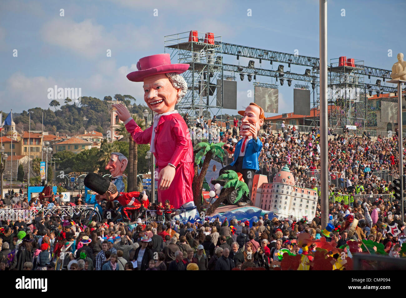 Carnaval de Nice 2012. cartoon effigy of HM Queen Elizabeth 2nd during  Carnival parade. 124399 Nice Carnival Stock Photo - Alamy
