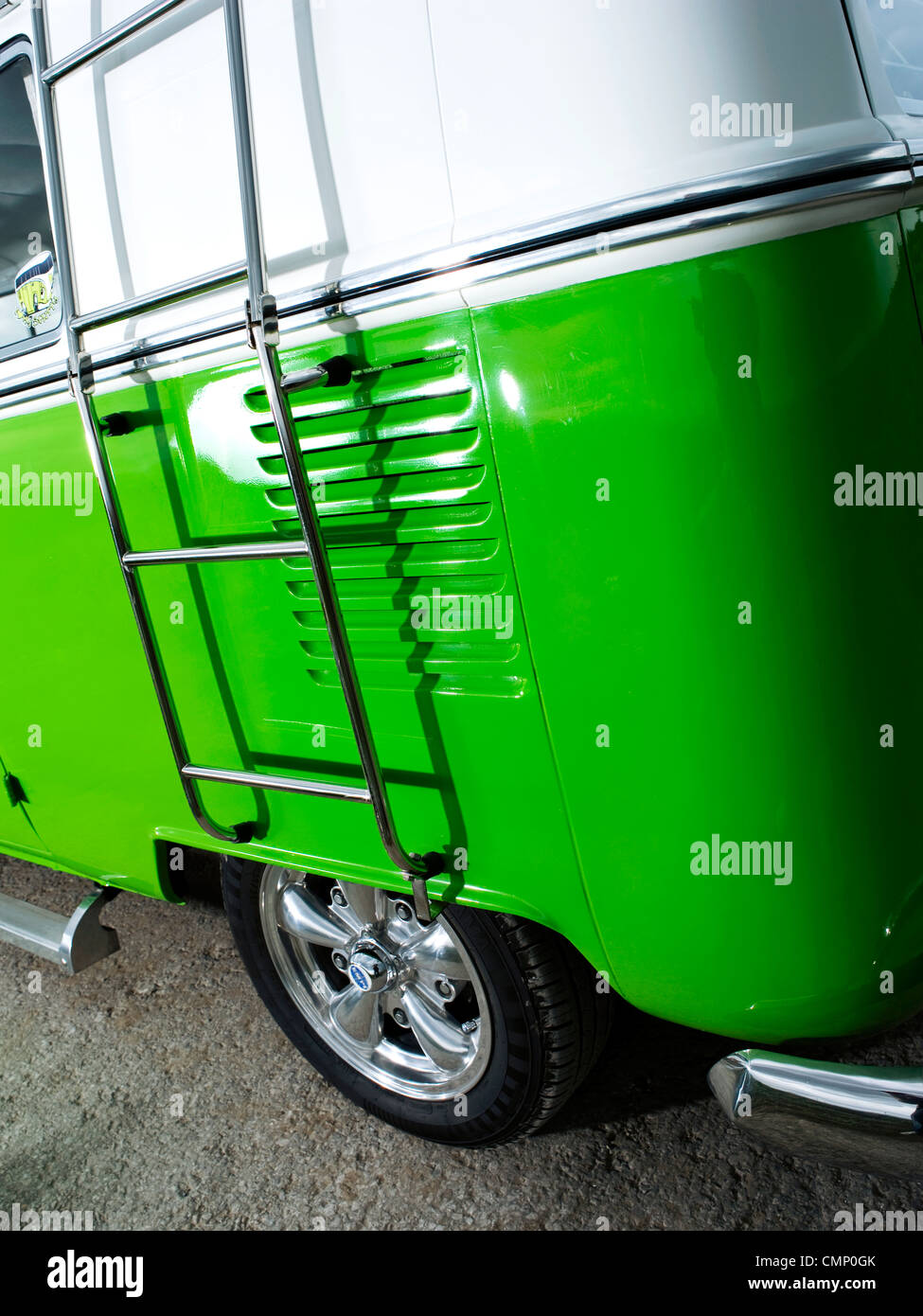 green vw volkswagen split screen camper van bus lowered modified pimped lime hippie hippy 1960s 1950s aircooled retro detail Stock Photo