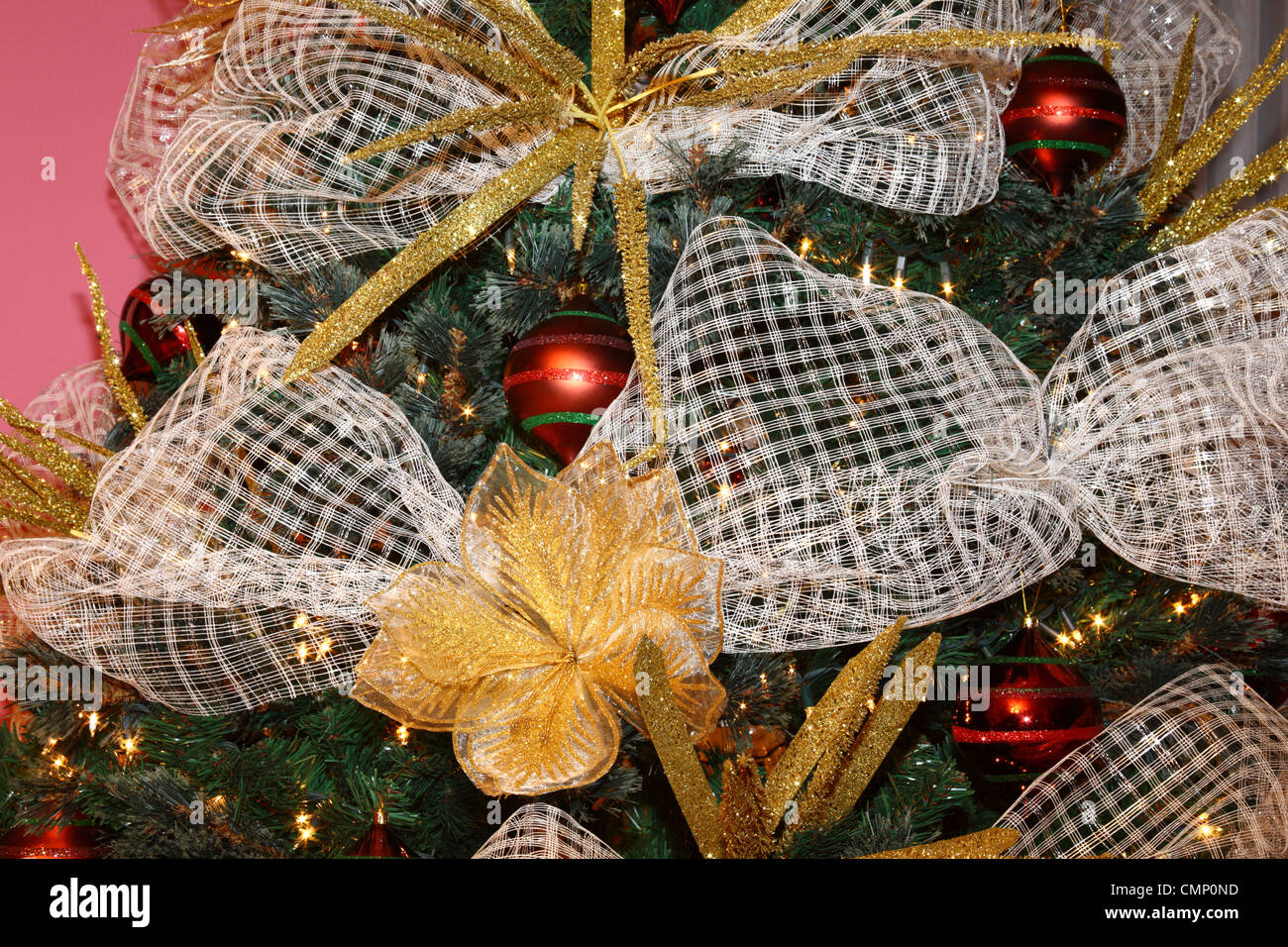 Detail of Christmas tree with decorations Stock Photo