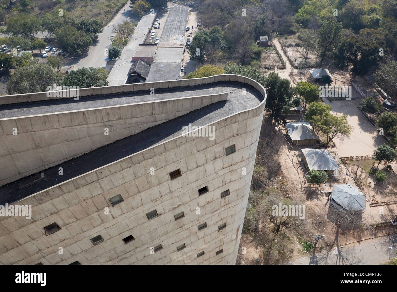 An unusual aerial view from the rooftop of Le Corbusier's famous Secretariat building in the modern city of Chandigarh Stock Photo