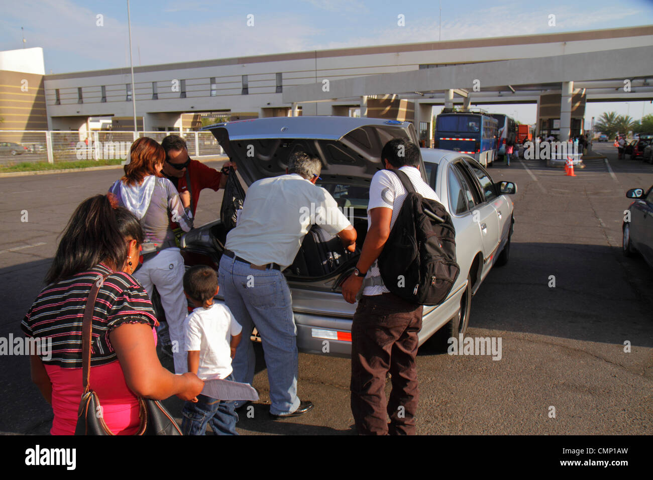 Arica Chile,Pan American Highway,national border control,country,crossing,security checkpoint,collective auto driver,vehicle inspection,passengers arr Stock Photo
