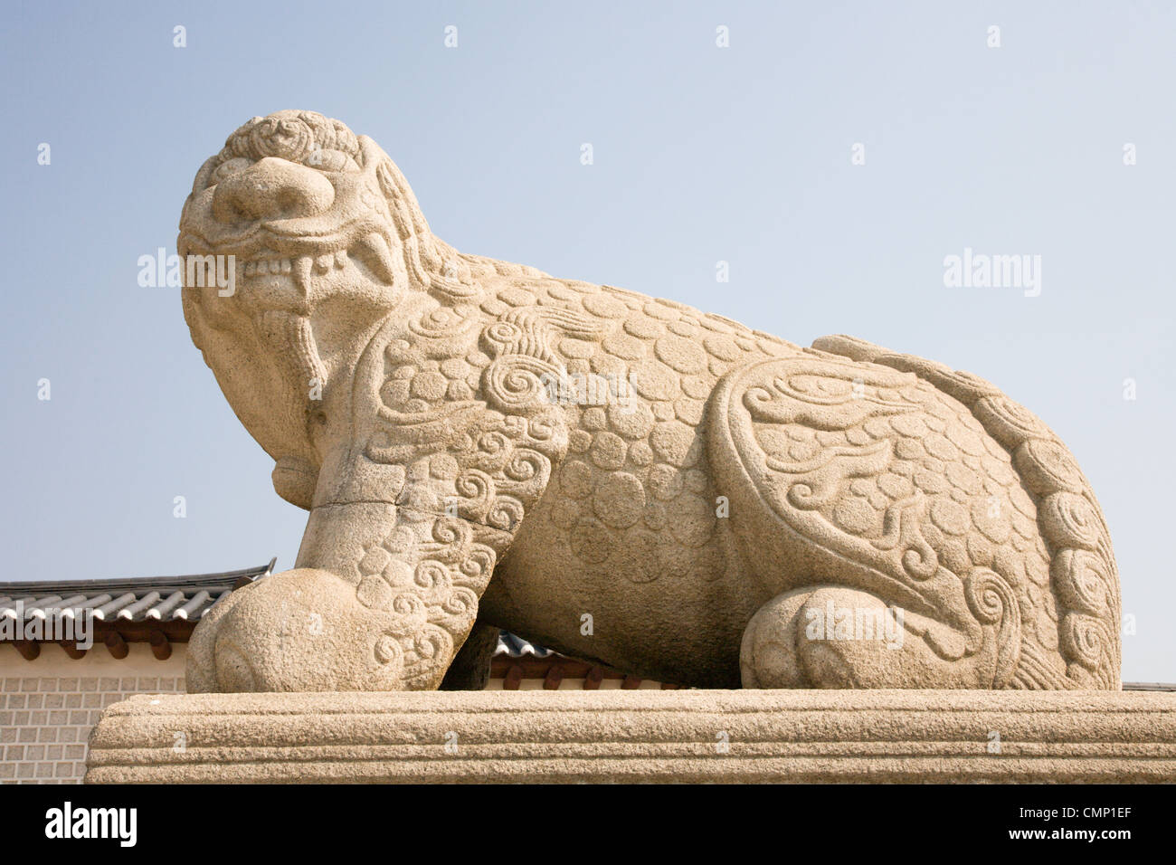 This lion statue is the guardian of palace and this mythical animal is regarded to protect city and palace against fire in East Stock Photo