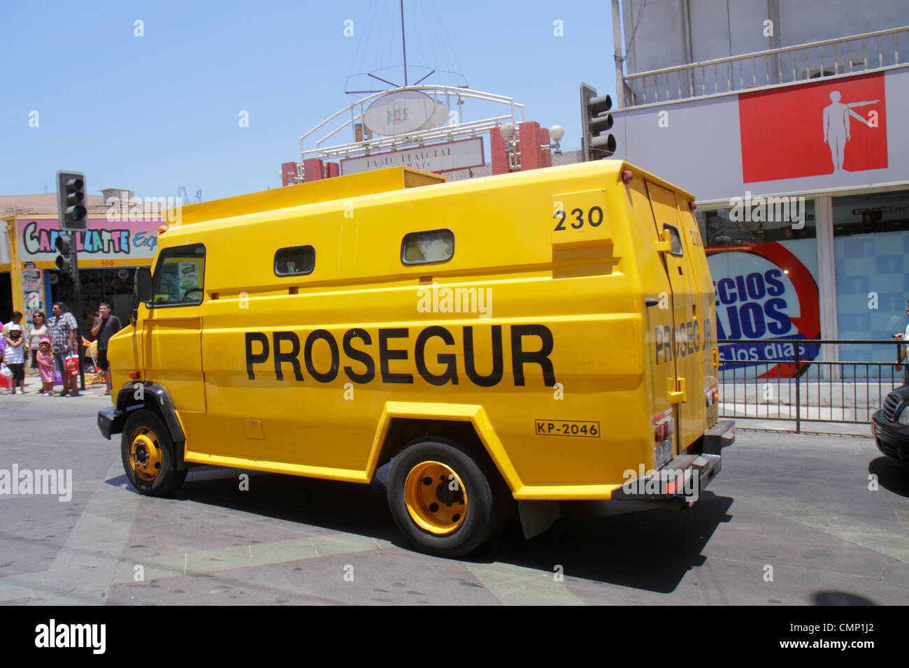 Arica Chile,street scene,Prosegur,global security service provider,Spanish company,armored truck,logo,valuables,cash transport,banking,currency,money, Stock Photo