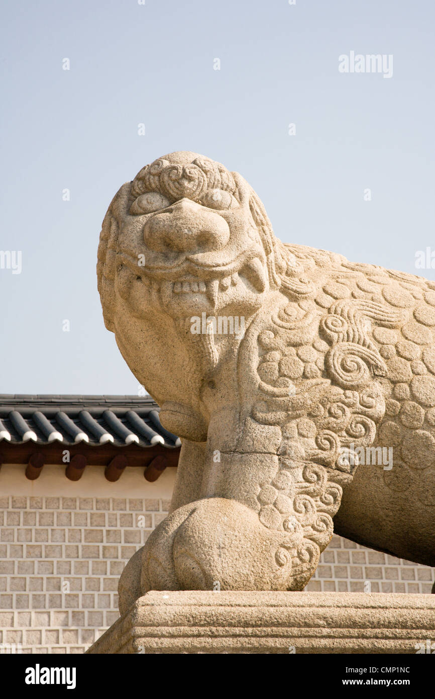 This lion statue is the guardian of palace and this mythical animal is regarded to protect city and palace against fire in East Stock Photo