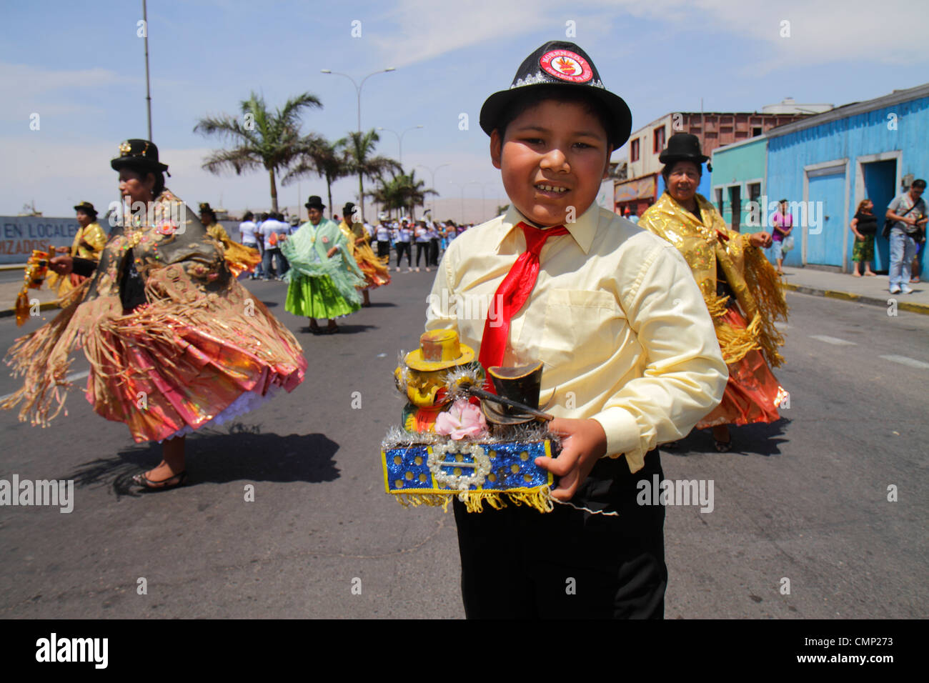 Arica Chile,Avenida Pedro Montt,Carnaval Andino,Andean Carnival,parade,rehearsal,indigenous,Aymara heritage,folklore traditional dance,troupe,Hispanic Stock Photo