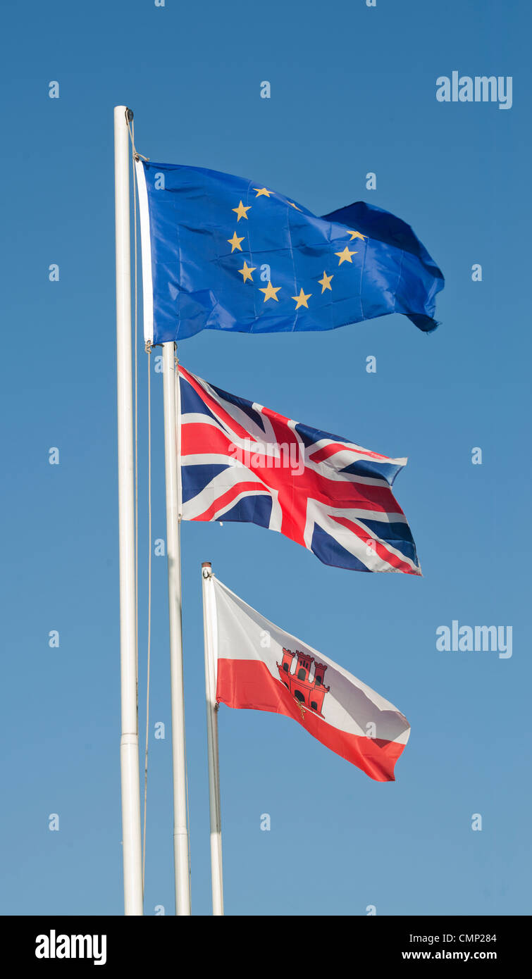 Europe, British, Gibraltar flags over Rock of Gibraltar, Stock Photo