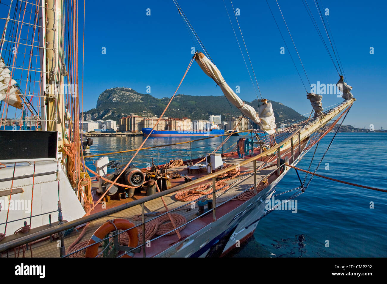 Traditional sail boat in Gbraltar harbor, Rock of Gibraltar Stock Photo