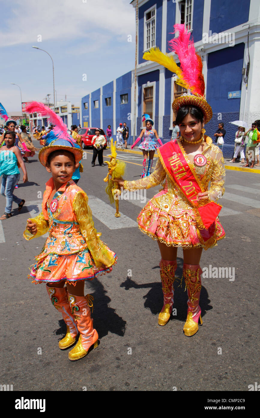 Arica Chile,Avenida Pedro Montt,Carnaval Andino,Andean Carnival,parade,rehearsal,indigenous,Aymara heritage,folklore traditional dance,Caporales,troup Stock Photo