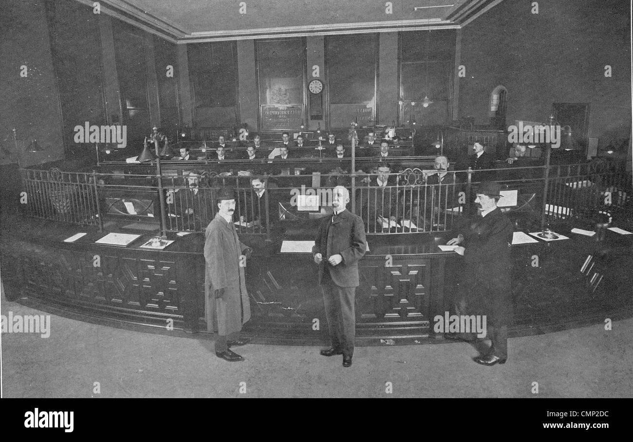 United Counties Bank Ltd., Wolverhampton, late 20th cent. A photograph taken in 1910, of staff and customers at the bank in Stock Photo