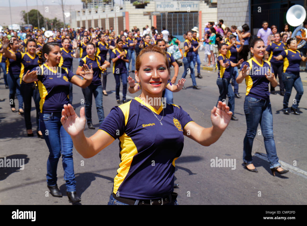 Arica Chile,Avenida Pedro Montt,Carnaval Andino,Andean Carnival,parade,rehearsal,indigenous,Aymara heritage,folklore traditional dance,Caporales,troup Stock Photo