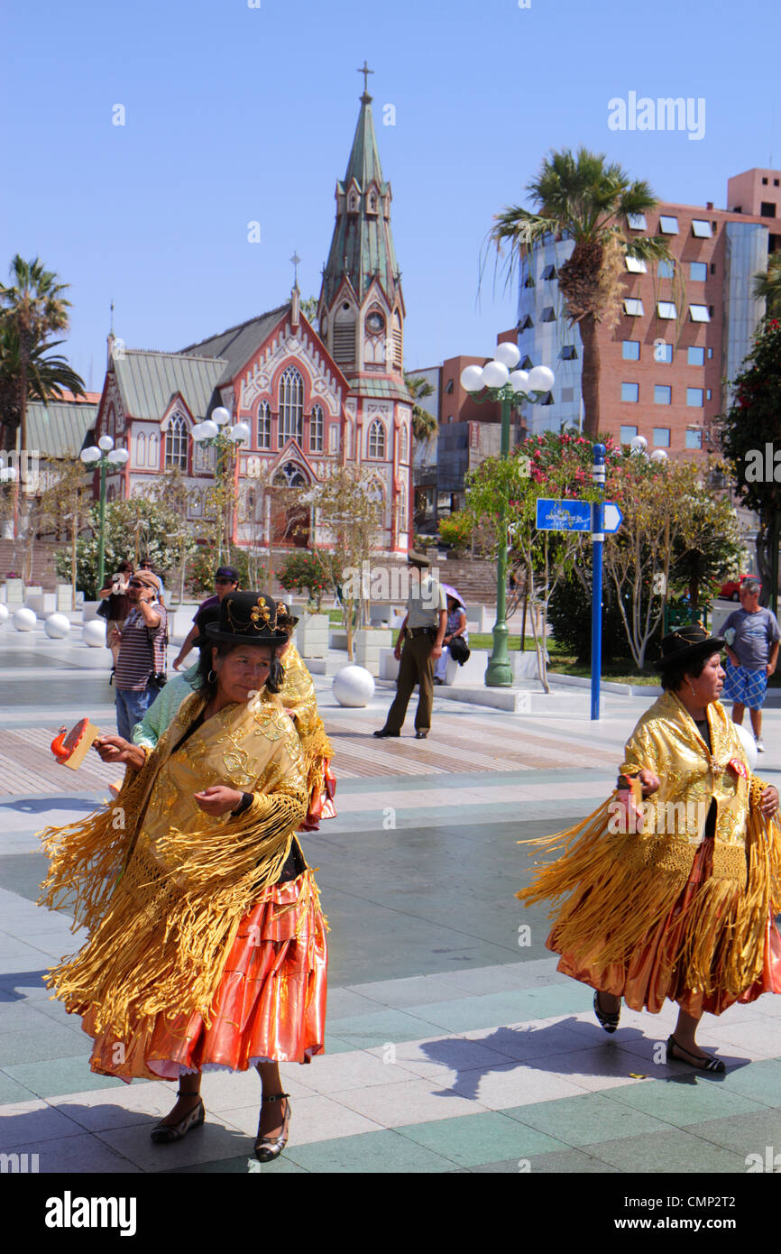 Arica Chile,Plaza Colon,Carnaval Andino,Andean Carnival,parade,indigenous,Aymara heritage,folklore traditional dance,troupe,Hispanic woman female wome Stock Photo