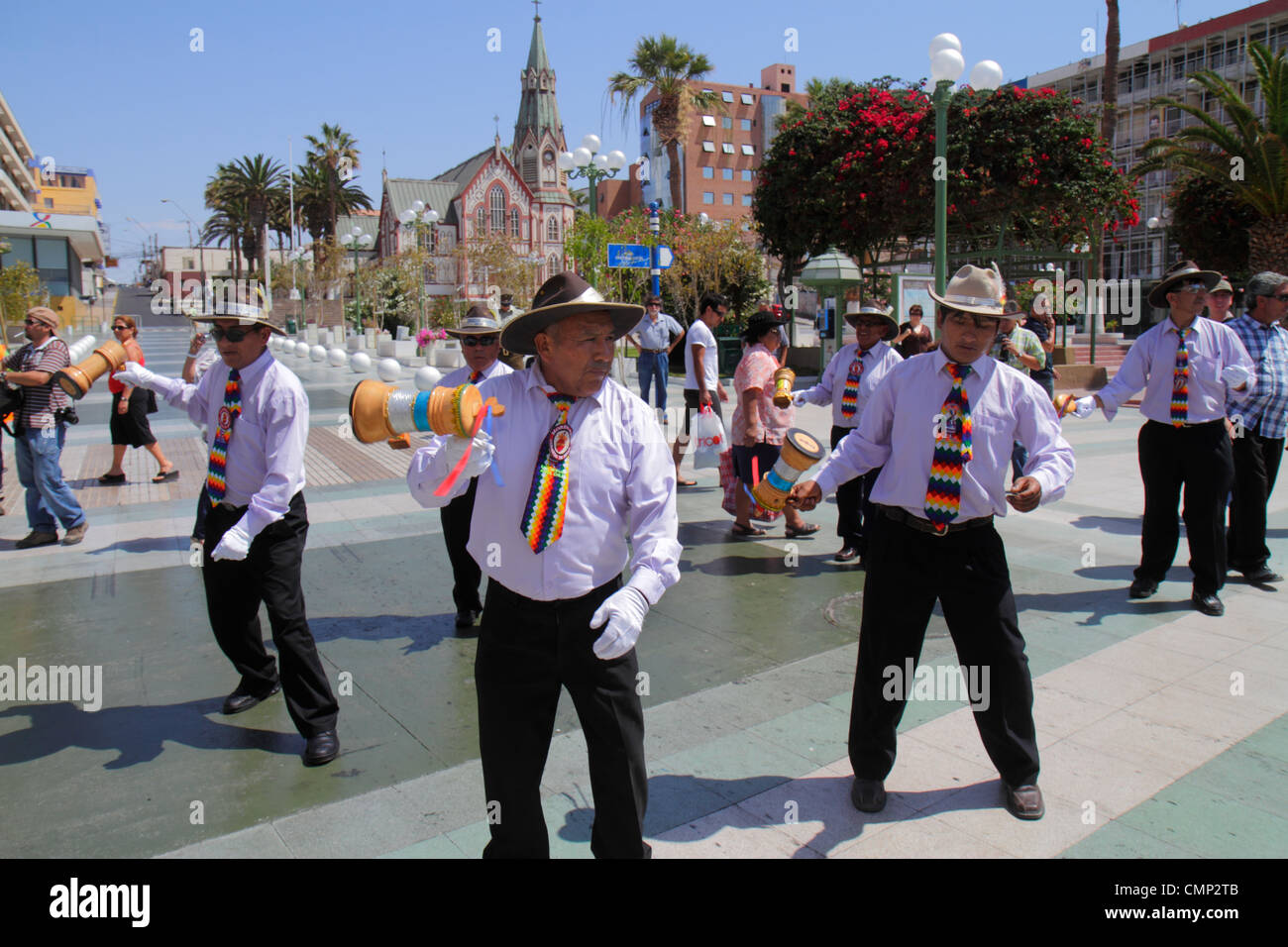 Arica Chile,Plaza Colon,Carnaval Andino,Andean Carnival,parade,indigenous,Aymara heritage,folklore traditional dance,troupe,Hispanic man men male adul Stock Photo