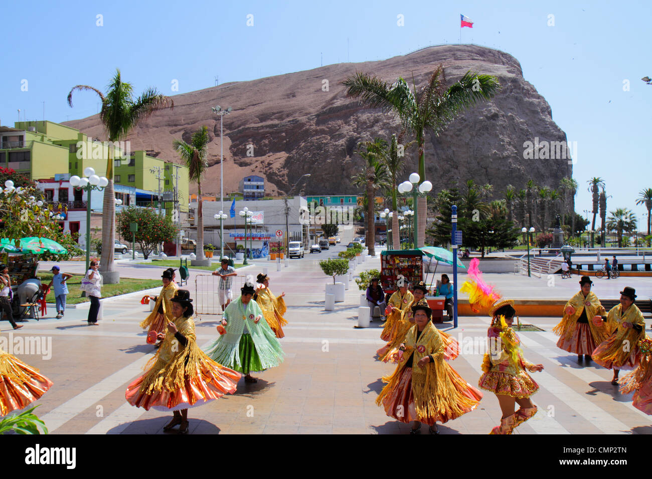 Arica Chile,Plaza Colon,El Morro de Arica,rock,Carnaval Andino,Andean Carnival,parade,indigenous,Aymara heritage,folklore traditional dance,troupe,His Stock Photo